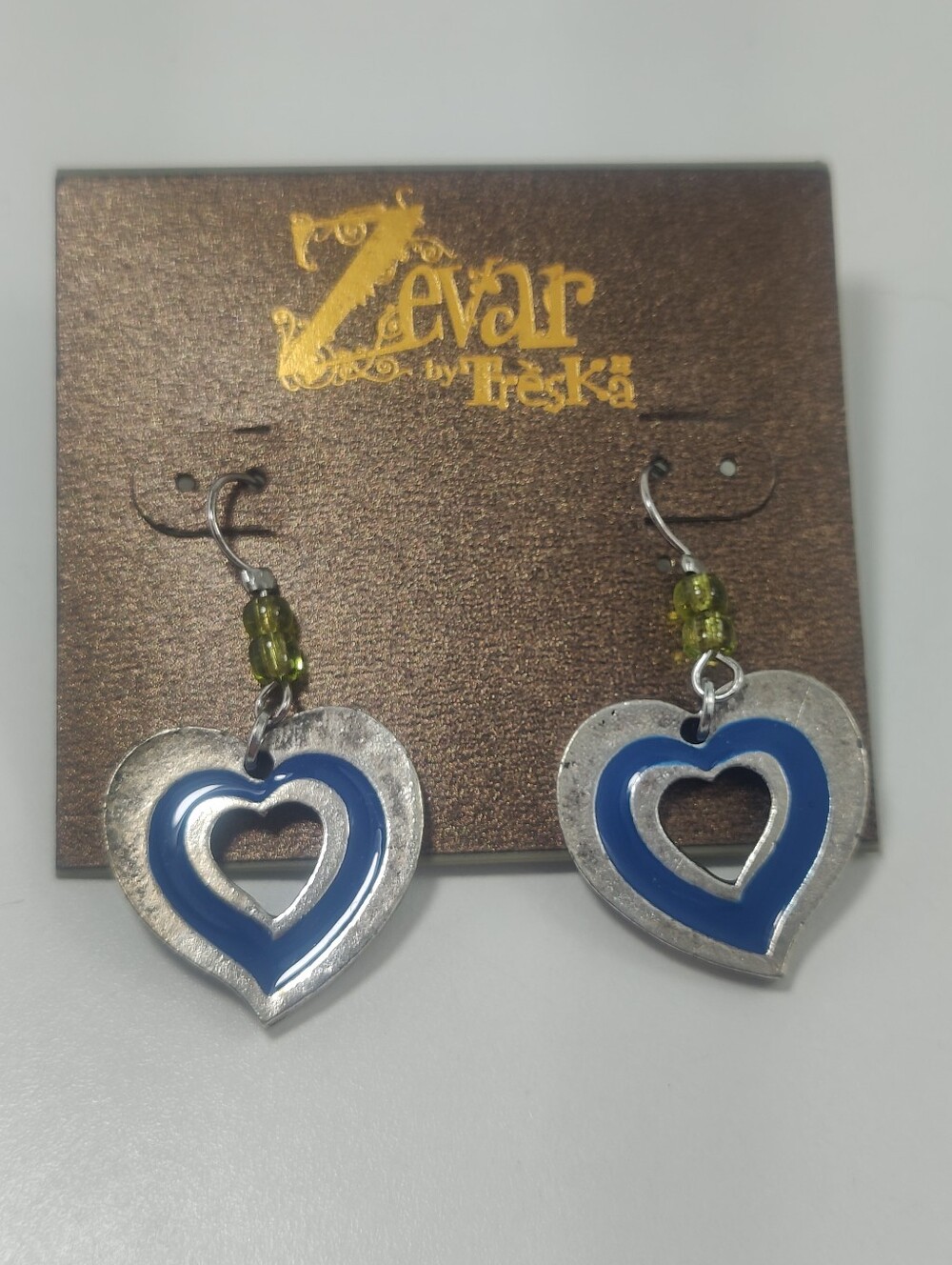 Zevar by Treska Blue Enamel Heart Earrings Silver Tone Boho Dangle New